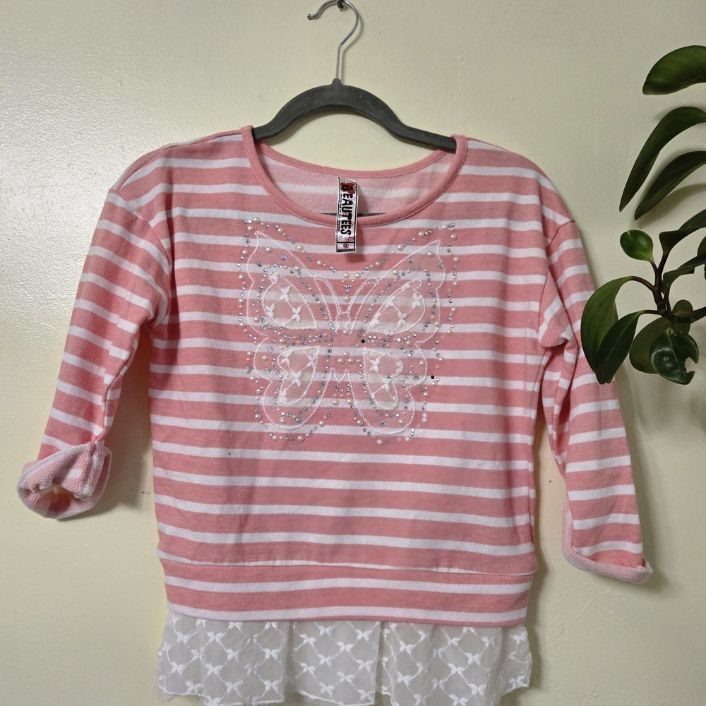 Beautees Pink and White Striped Butterfly Top